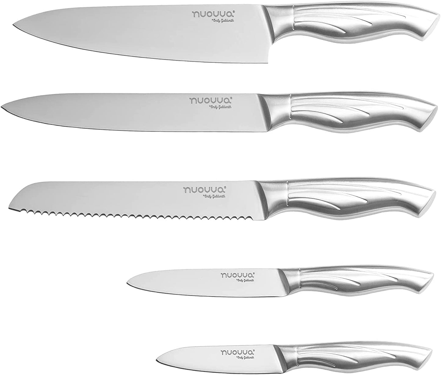 nuovva Sharp Kitchen Knife Set - Professional Kitchen Knives - 5 Pieces Stainless Steel Blades with Gift Box - Includes Chefs, Bread, Carving, Utility and Paring Knife 5pcs Stainless Steel Set