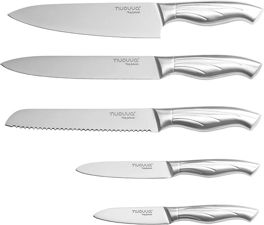 nuovva Sharp Kitchen Knife Set - Professional Kitchen Knives - 5 Pieces Stainless Steel Blades with Gift Box - Includes Chefs, Bread, Carving, Utility and Paring Knife 5pcs Stainless Steel Set