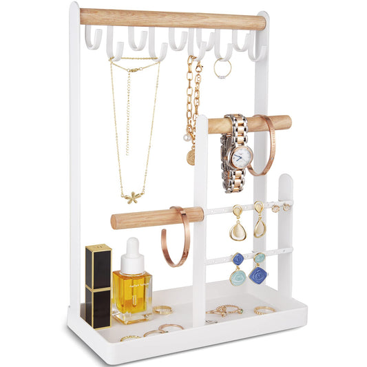 ProCase Jewellery Organiser Jewellery Stand Holder, 4 Tiers Jewelry Stands Necklace Organizer Earring Holder, 10 Hooks Jewelry Tower Display Rack for Bracelets Watches Rings Gifts for Women -White 1- White