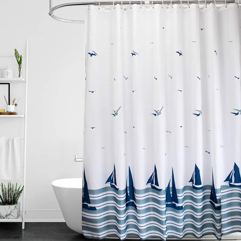 ORSJA Shower Curtain 180x180-Weighted Hem & Anti Mould & Resistant Washable, Blue Sailboat Nautical Bathroom Curtains with 14 Hooks