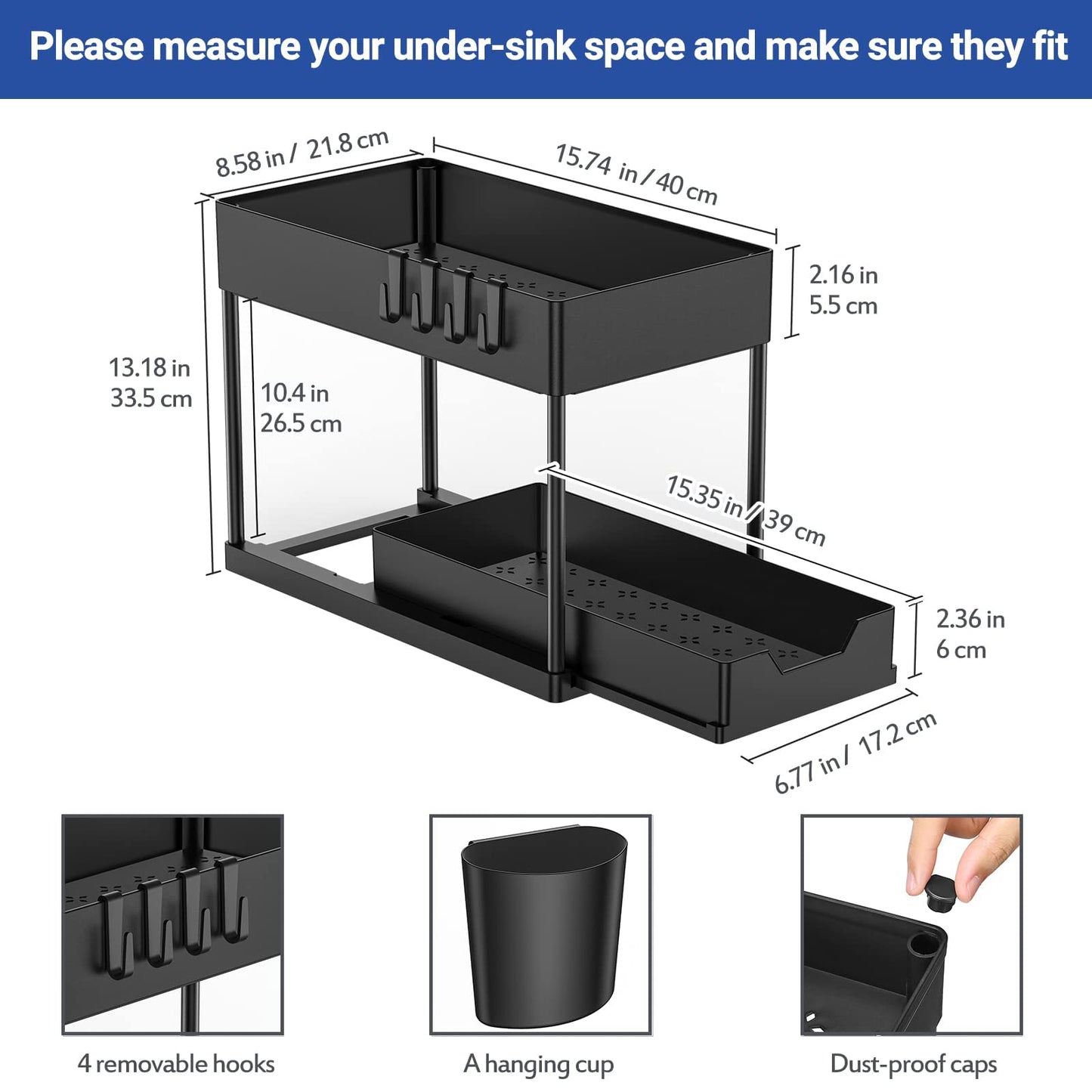 Puricon 2 Pack Under Sink Storage Kitchen Organiser, 2 Tier Under Sink Shelf with Slide Out Drawer, Multi-Purpose Under Sink Bathroom Storage Rack for Countertop Laundry -Black Black