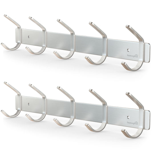 Homephix Coat Hooks Wall Mounted - Heavy Duty Coat Rack (2 Pack) - Stainless Steel Coat Hooks for Wall - Rust Resistant and Multipurpose Coat Hangers Wall Mounted for Hanging Clothes, Hats and Towels 2 Pack - 5 Hooks Silver