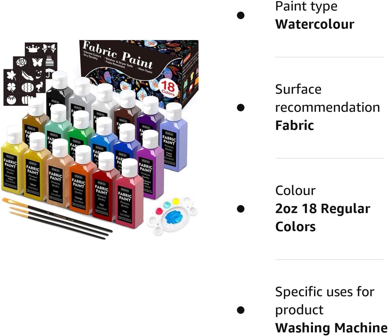 Shuttle Art Fabric Paint Permanent for Clothes, 18 Colours Fabric Paints in Bottles (60ml/2oz) with Brushes, Palette, Stencils, Non-Toxic Textile Paints for T-Shirt, Shoes, Bag, Jeans, No Heating Need