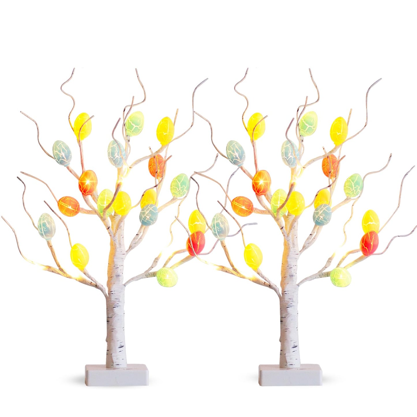 Eambrite Set of 2 Easter Decorations Eggs Tree for Home Table Decor, White Twig Tree Battery Operated with Timer, Easter Gifts for Kids and Adults (22'', 24 Warm White LED)