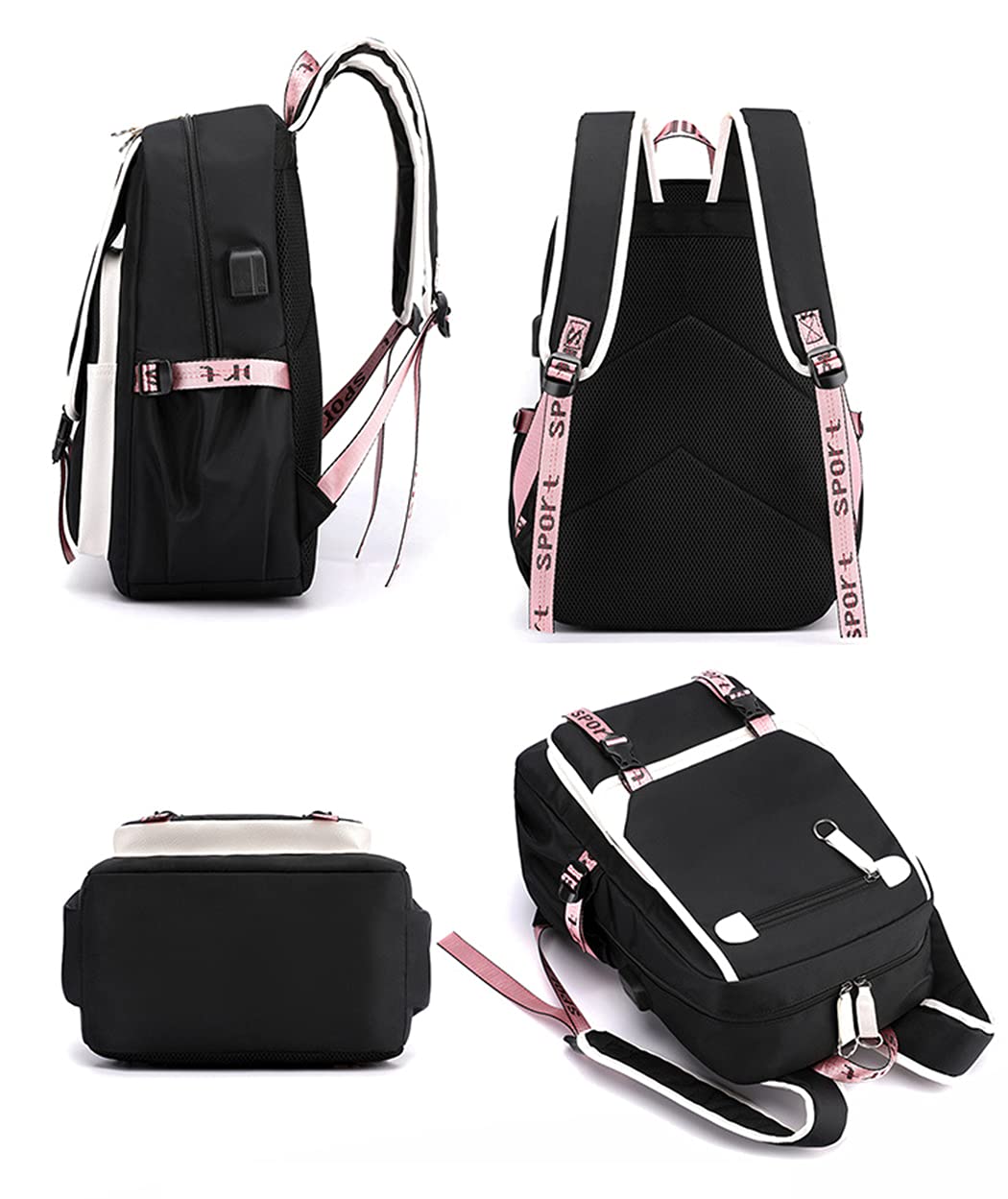 SellerFun Teenage girls' Backpack Middle School Students Bookbag Outdoor Daypack With USB charge Port 21 Liters 4# Black Pink