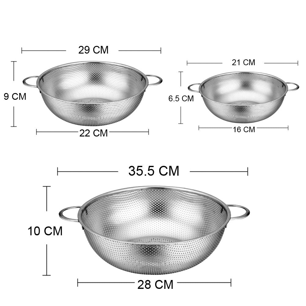 HaWare Colander Set of 3, Stainless Steel Colanders with Handle, Metal Colander Perforated Strainer for Kitchen Pasta/Vegetable/Rice/Fruit/Food - Dishwasher Safe- （16/22/28 cm）