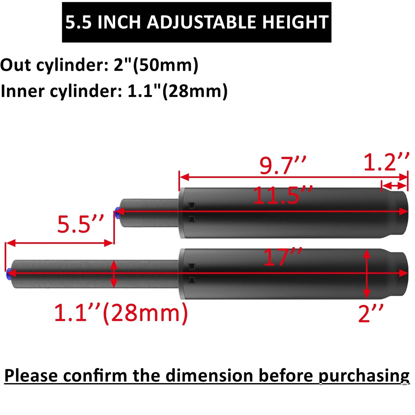 6" Long Stroke Office Chair Gas Lift Cylinder Pneumatic Shock Longest Heavy Duty Replacement For Tall Person (GasLift160_UK)