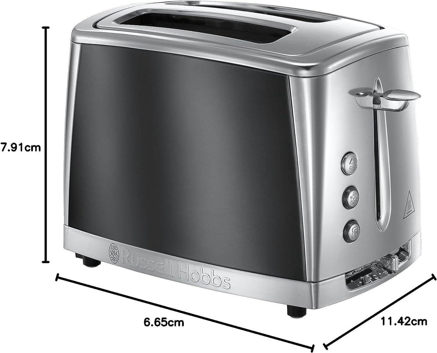 Russell Hobbs 2 Slice Luna Toaster with faster toasting Technology (6 Browning levels, Defrost/Reheat/Cancel function, Lift & Look feature, Removable crumb tray, Cord storage, 1500W) Grey 23221