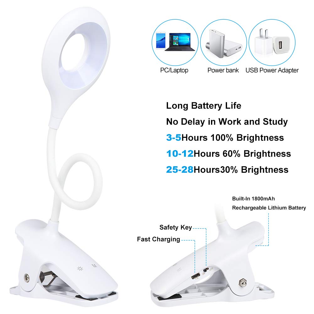 Clip On Reading Light, 28 LED Eye Protect Book Light, 3 Colour * 3 Brightness Bed Reading Light with Flexible Neck, USB Rechargeable Reading Lamp,Touch Control Bed Lamp White