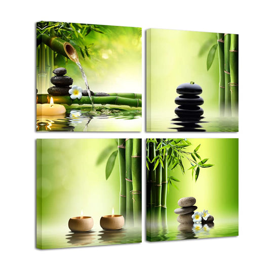 Wieco Art - Modern 4 Panels Stretched and Framed Contemporary Zen Giclee Canvas Prints Perfect Bamboo Green Pictures Paintings on Canvas Wall Art for Home Office Decorations Living Room Bedroom 12x12inchx4pcs