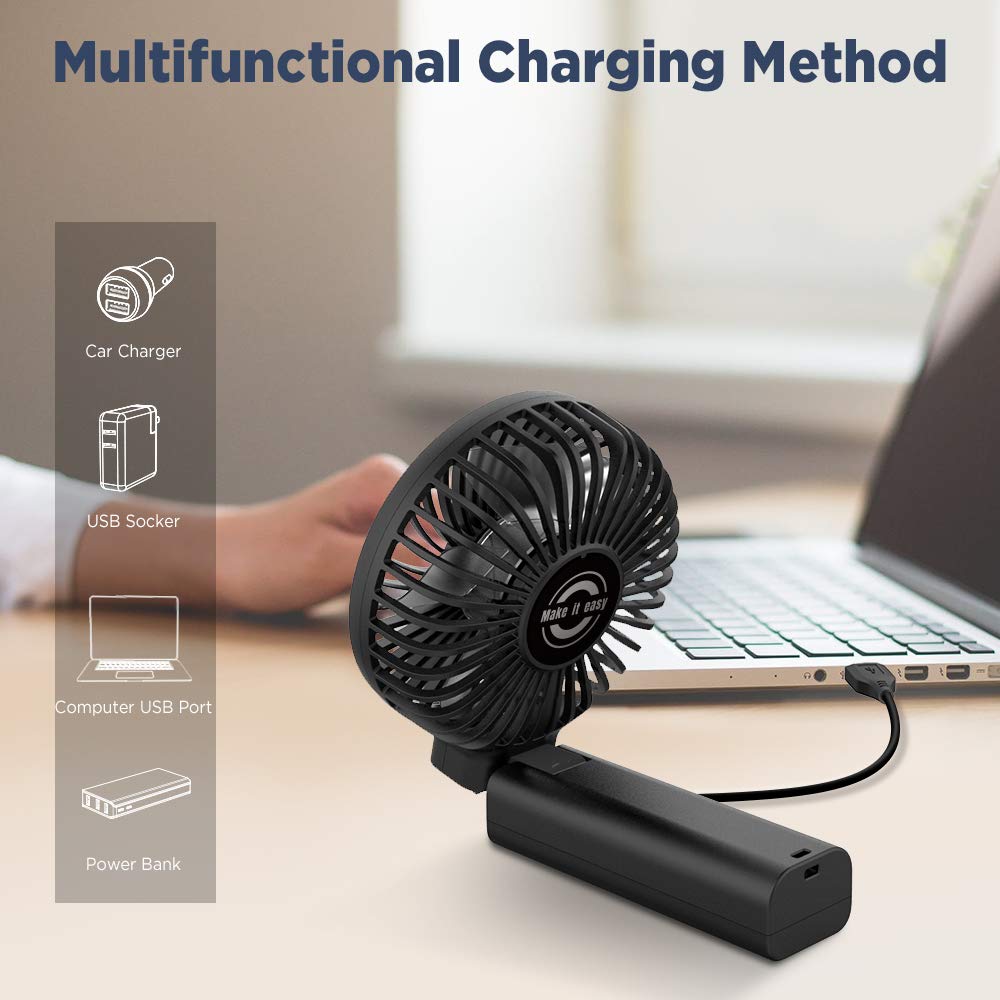 EasyAcc Handheld Fan, 2024 New 5000 Battery Operated Portable Fan [ 4 Speed 20 Hours Quiet Powerful Hand Fan ] Power Indicator/One Touch Power Off Foldable Personal Desk Fan for Travel Office Outdoor Black 4-21 Hours Working Time