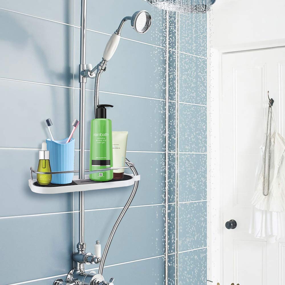 HOMEASY Bathroom Shower Shelf, Shower Caddy/Tidy No Drilling Shower Holders Storage for Soap Shampoo Shower Rack Hanging with Buckle and Shower Head Hook Suit 19mm-25mm Shower Rail Type 1