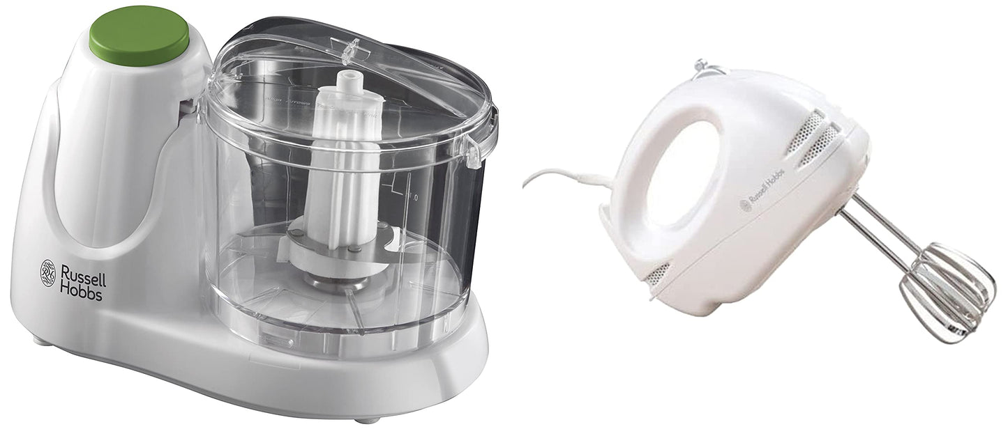 Russell Hobbs Mini Chopper 22220, 130 W - White & Food Collection Hand Mixer with 6 Speed 14451, 125 W - White + Hand Mixer