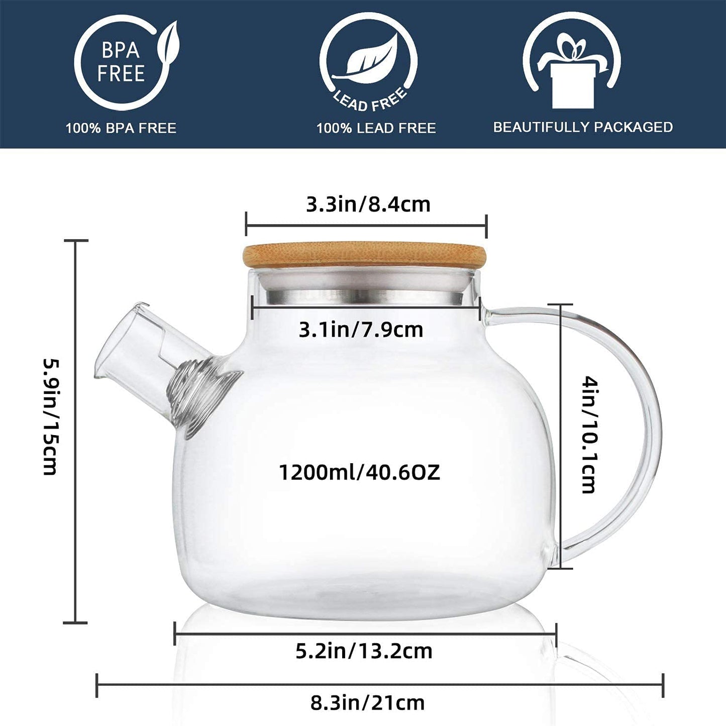 CnGlass Glass Teapot Stovetop Safe,1200ML/40.6oz Clear Teapots with Removable Filter Spout,Teapot for Loose Leaf and Blooming Tea 1200ml/40.6oz