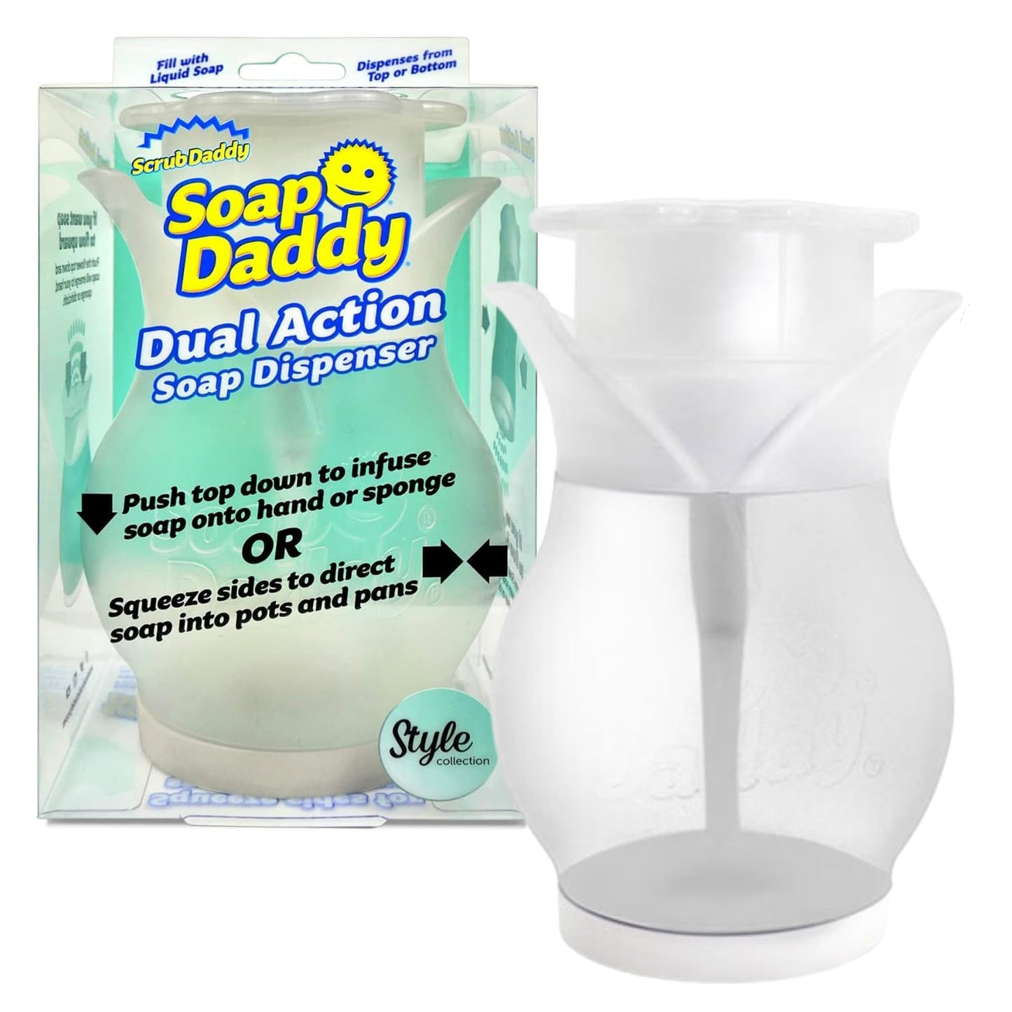 Scrub Daddy Soap Dispenser, Soap Daddy Dual Action Washing Up Liquid Detergent Dispenser for Dishes, Refillable Kitchen & Bathroom Sink Dispensers, Push Down Pump Dispenser Bottle, White Flower Design One Size