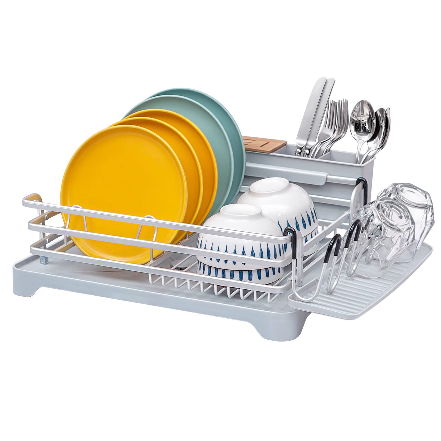 BRIAN & DANY Aluminum Dish Drainer, Dish Drying Rack with Removable Cutlery Holder & Cup Holder, Unique 360° Swivel Spout Drain Board, Grey