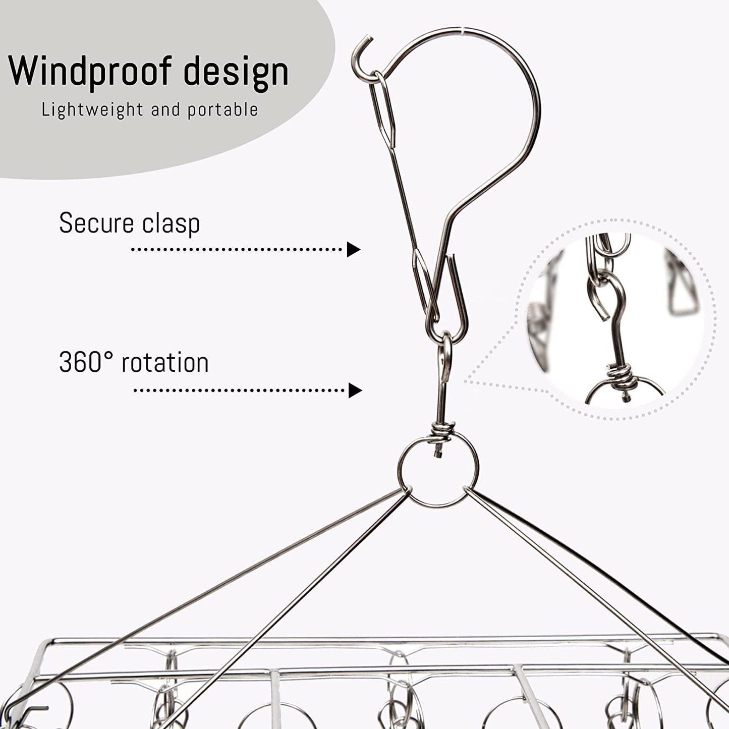 Straame Metal Sock Hanger, Stainless Steel Drying Rack with 36pcs Pegs and Swivel Hook, Windproof Laundry Metal Square Hanger for Socks, Underwear and Small Items (2) 2