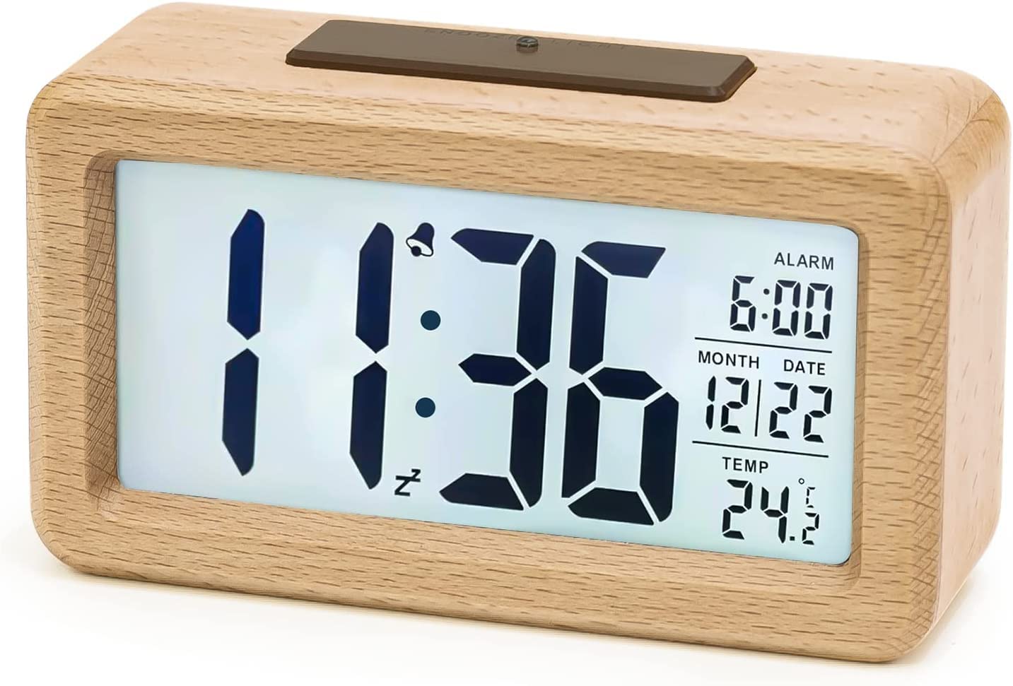 aboveClock Digital Alarm Clock, Wooden Bedside Clock with Large LCD Backlit Display, Temperature, Snooze Function, Brightness Sensor, 3 AAA Battery Operated【Battery NOT Included】 1 Beech