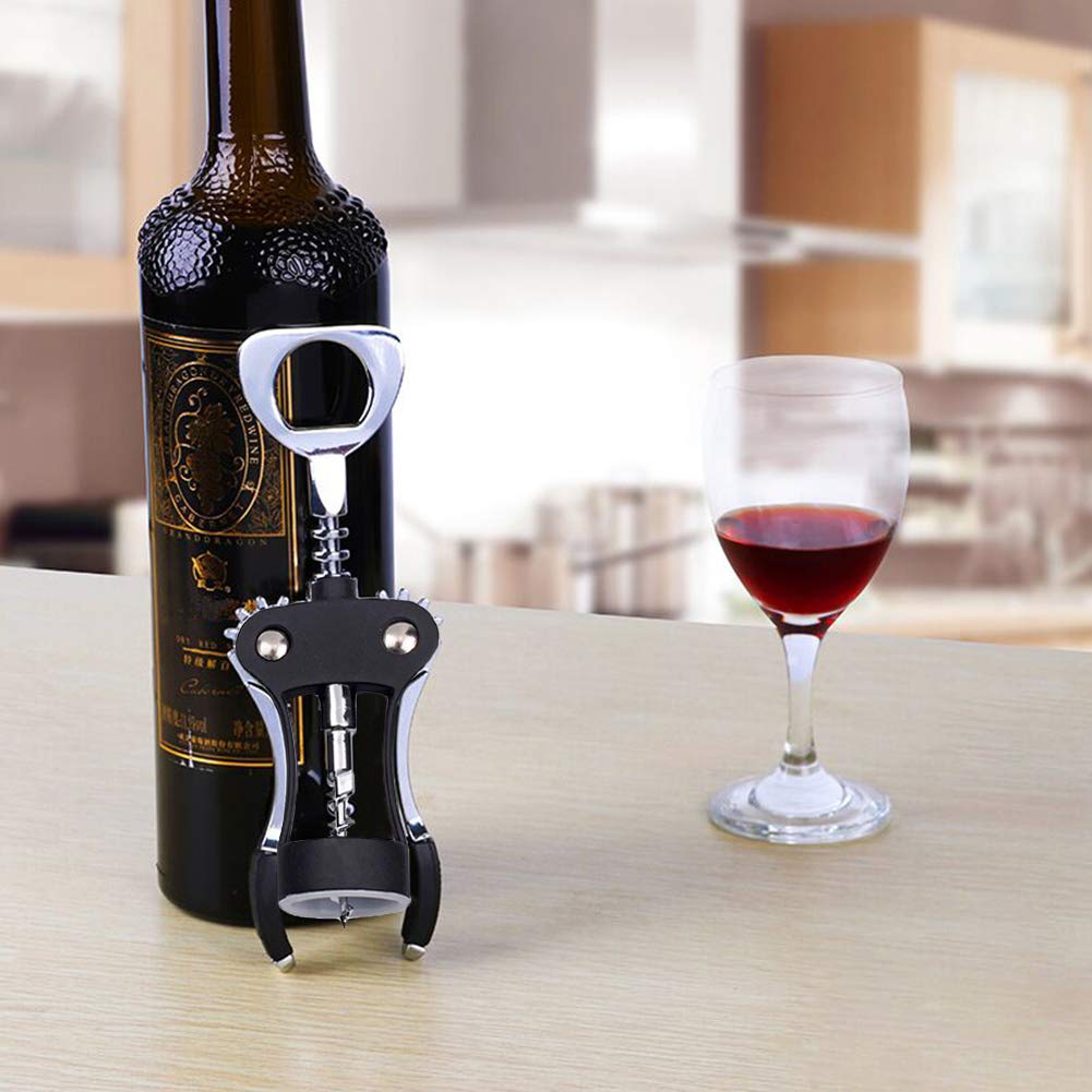 Foho Wine Opener, Multifunctional Wing Corkscrew Wine Bottle Opener for All Cork Stoppered and Beer Cap Bottles, Luxury Waiter Corkscrew with Stopper Set for Wine Enthusiast, Waiters - Black