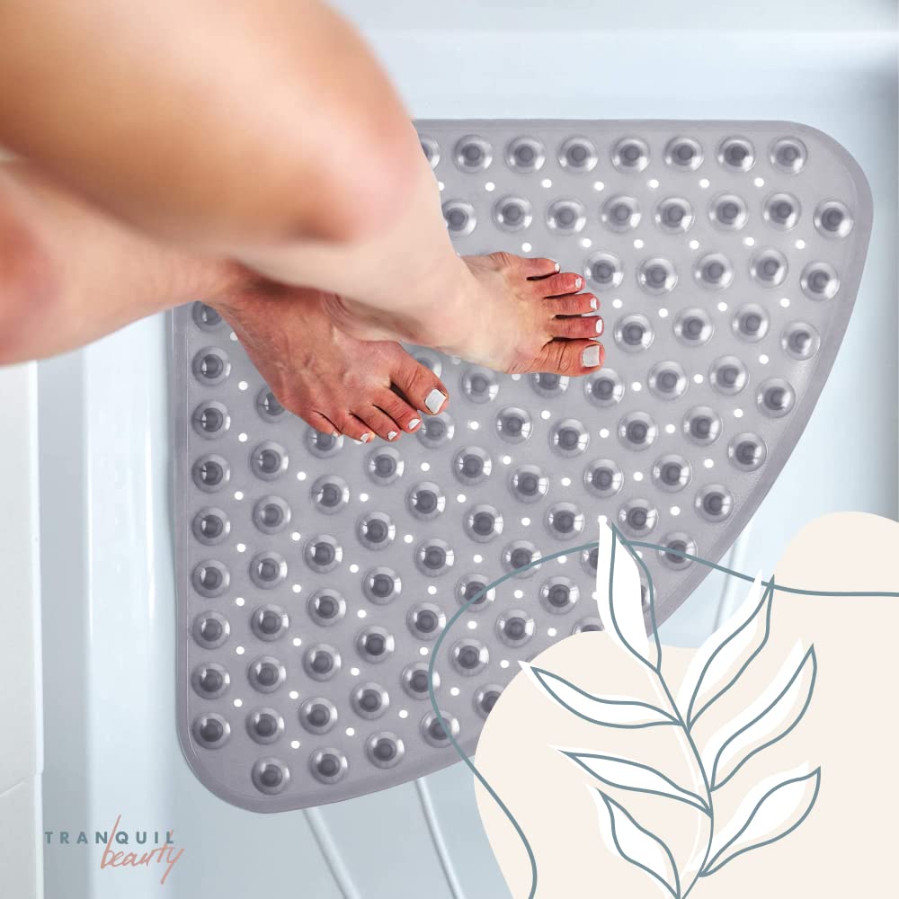 TranquilBeauty Curved Solid Grey Shower Mat 54x54cm/21x21in | Non-Slip Machine-Washable Quadrant Bath Mat For Walk In Shower Tray | Shower Mats Non-Slip Suction Cups Ideal For Kids & Elderly Curved 54x54cm