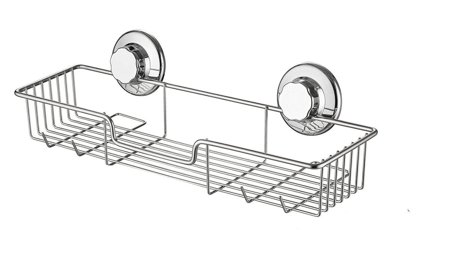 SANNO Suction Cup Shower Caddy Shelf with Storage Organizer Hooks, No Damage Super Power Suction Cup, Rustproof Wire Basket Rack for Kitchen & Bathroom Accessories - Stainless Steel, Pack of 1