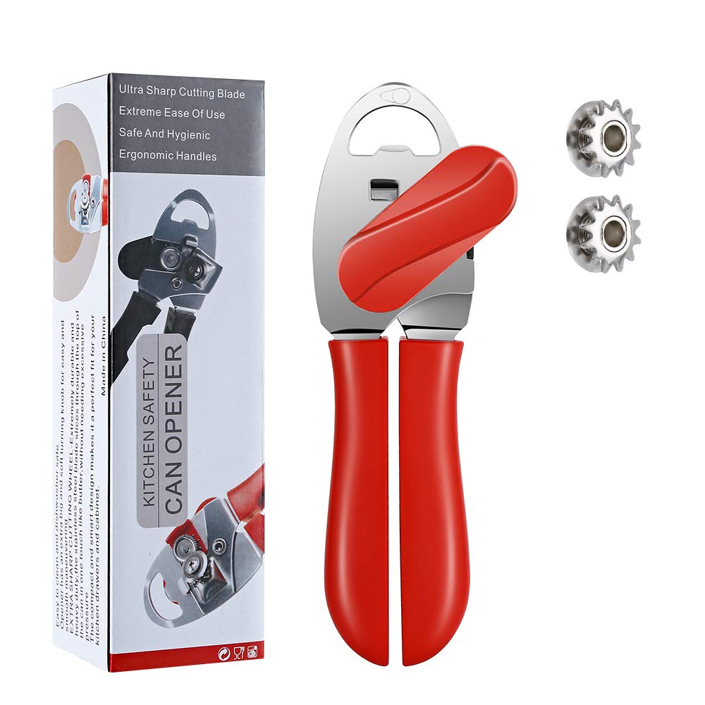 Can Opener Manual Tin Opener for Seniors with Arthritis, Handheld Can Opener Safe Cut Smooth Edge with Ergonomic Grip Large Turn Knob(Red) Red