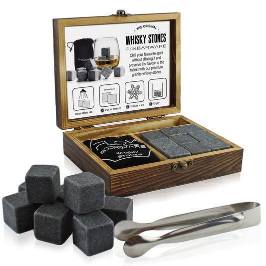 FLOW Barware Whisky Stones Gift Set | 9 Polished Whisky Stones | Whiskey Stone Gift for Dad | Whiskey Stone Gift Set with Wooden Box | Whiskey Stone with Storage Pouch | Granite