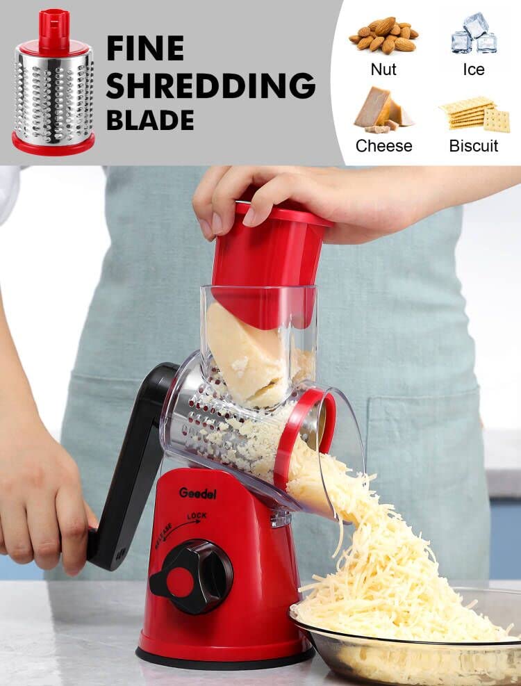 Rotary Cheese Grater, Vegetable Slicer with Three Drum Blades, Grater for Kitchen Faster and Easy Cutting, Rotary Drum Grater Ideal for Cheese, Cucumber, Carrot, Nuts, etc. Red