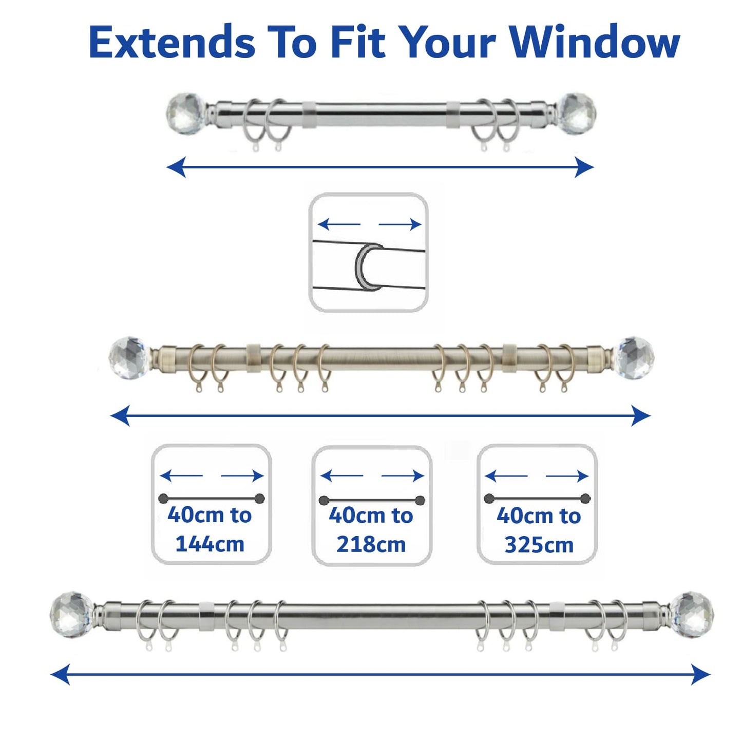 Extendable Curtain Pole | Crystal Metal Curtain Pole Set 25mm | Includes Rings, Finials, Brackets & Fittings (40cm to 218cm, Chrome) 40cm to 218cm