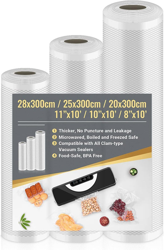 3 Rolls Vacuum Food Sealer Rolls, Vacuum Food Sealer Bags 28cm x 300cm & 25cm x 300cm & 20cm x 300cm, Vacuum Sealer Rolls, Vacuum Sealer Machine Bags