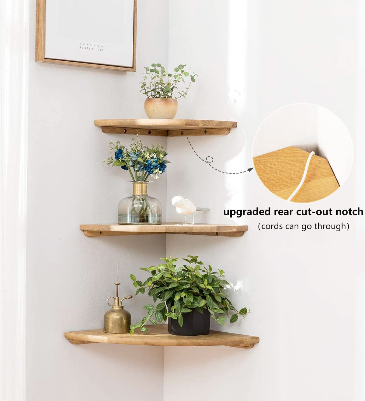 GIEANOO Corner Shelf, 10inch Solid Oak Wood Floating Corner Shelf Wall Mount Round End Floating Speaker Shelf With Wire Hole Shelf for Small Plant Photo Frame for Bedroom Kitchen, Living Room 10"