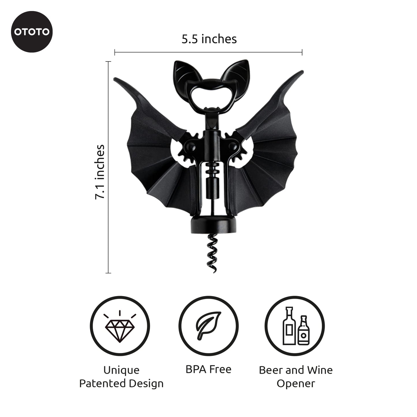 OTOTO Vino Spooky Bat Wine Opener - 2-in-1 Wine & Beer Opener, Corkscrew & Bottle Opener - Goth Accessories & Kitchen Gifts - Perfect Kitchen Accessories & Cool Gadgets