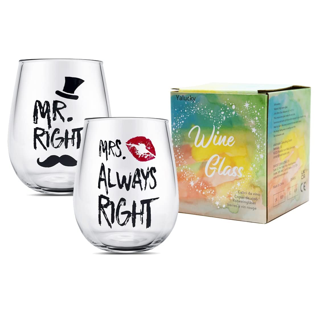 Yalucky Couple Gifts Mr. Right and Mrs. Always Right Stemless Wine Glass Set Engagement Gift Wedding Gift for Couple Golden Wedding Anniversary for Bride and Groom Valentines Gifts for Him and Her Black&red