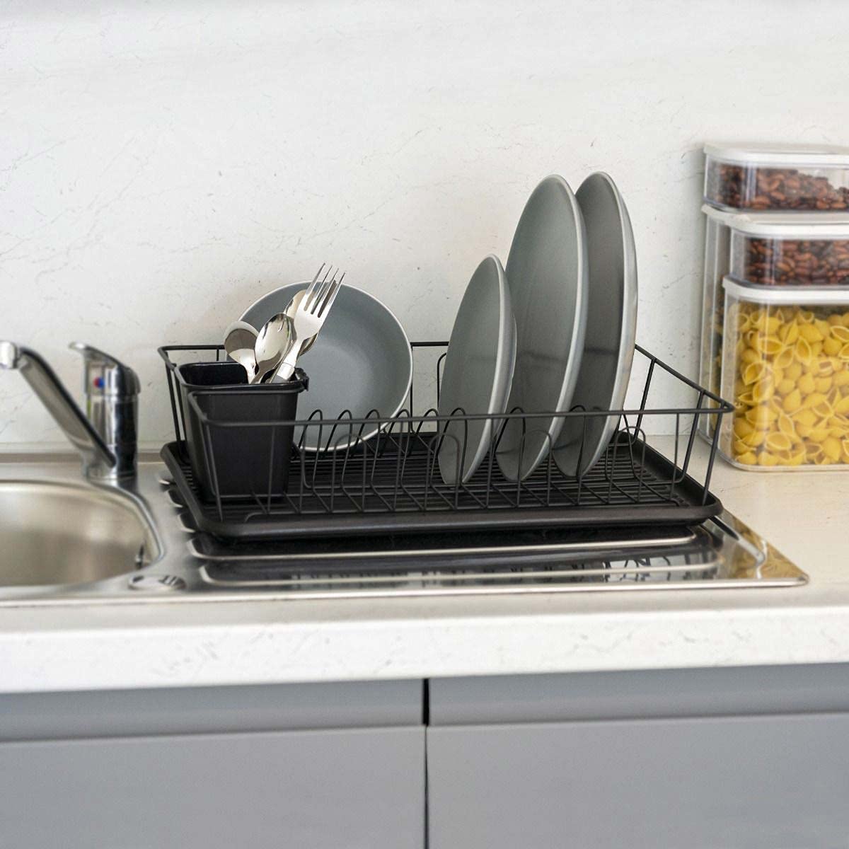 Dish Rack Drainer Kitchen Plate Drying Rack with Removable Drip Tray and Utensil Holder Anti Rust Compact Design Black