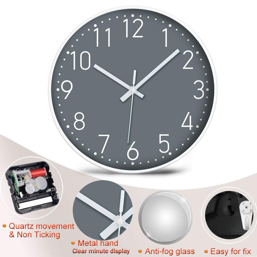 YUNDO Wall Clock Silent & Non Ticking Moder Quartz 12"- Battery Operated Digital Quiet Sweep Office/home/school/Kitchen Decor Clocks(Grey) Grey