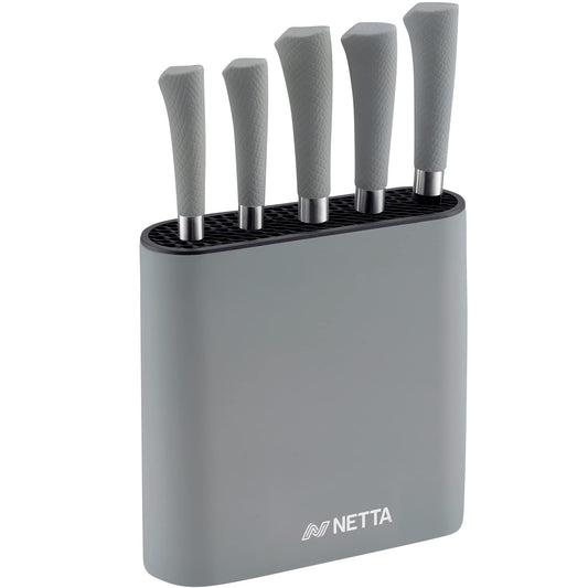 NETTA Kitchen Knife Set with Block – 6 Piece Stainless Steel Including Block – 5 Knives with Ergonomic Soft-Grip Handles and Safe-Storage Knife Holder – Grey