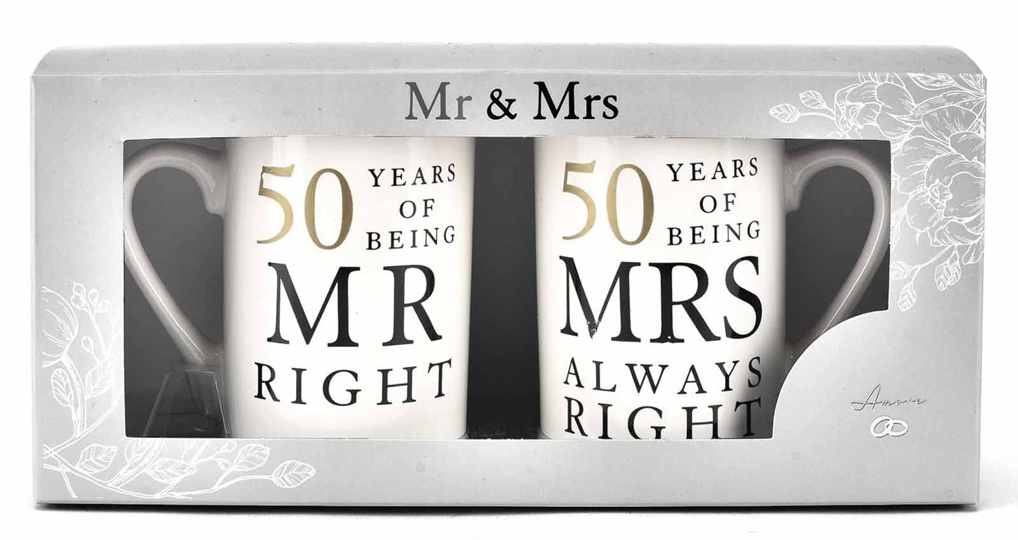 50 Years Mr & Mrs Mugs Amore Mug Set In A Gift Box Golden Anniversary