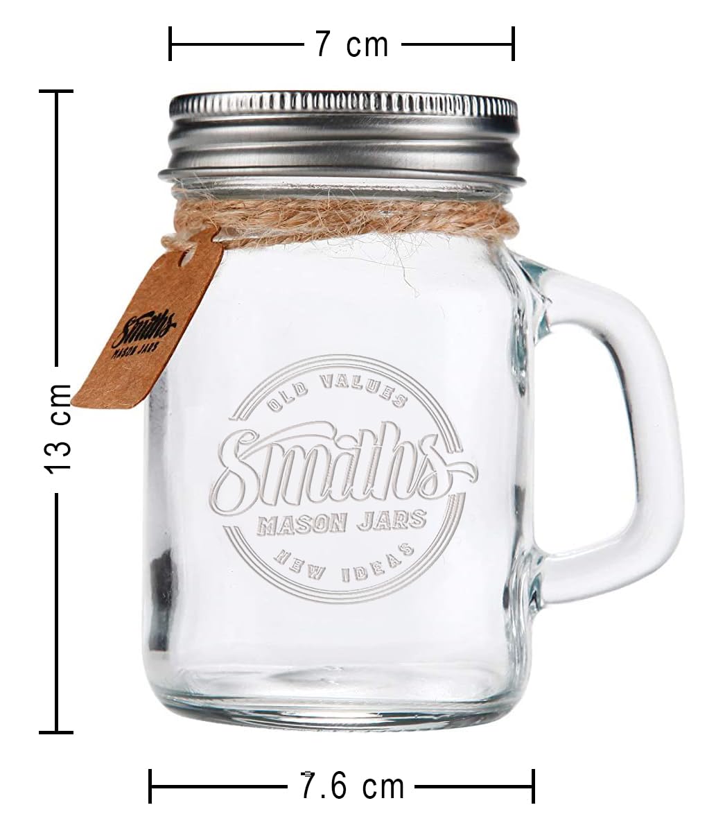 Smiths Mason Jars 6 Packs 16oz (473ml) Glass Jars with Handles and Screw Top | Drinking Glasses Ideal for Making Overnight Oats and Smoothiess 6 Mugs Set