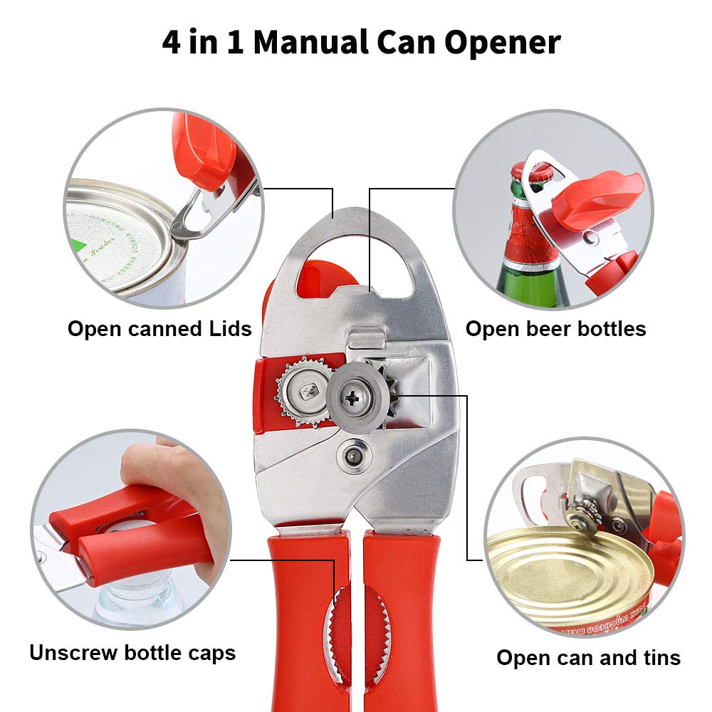 Can Opener Manual Tin Opener for Seniors with Arthritis, Handheld Can Opener Safe Cut Smooth Edge with Ergonomic Grip Large Turn Knob(Red) Red