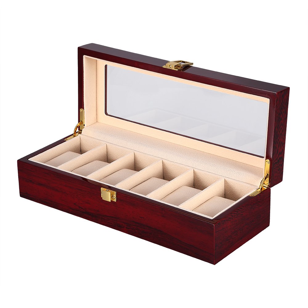 Watch Display Storage Box Jewelry Collection Case Organiser Holder for Men Wooden Cherry Red 6 Slots