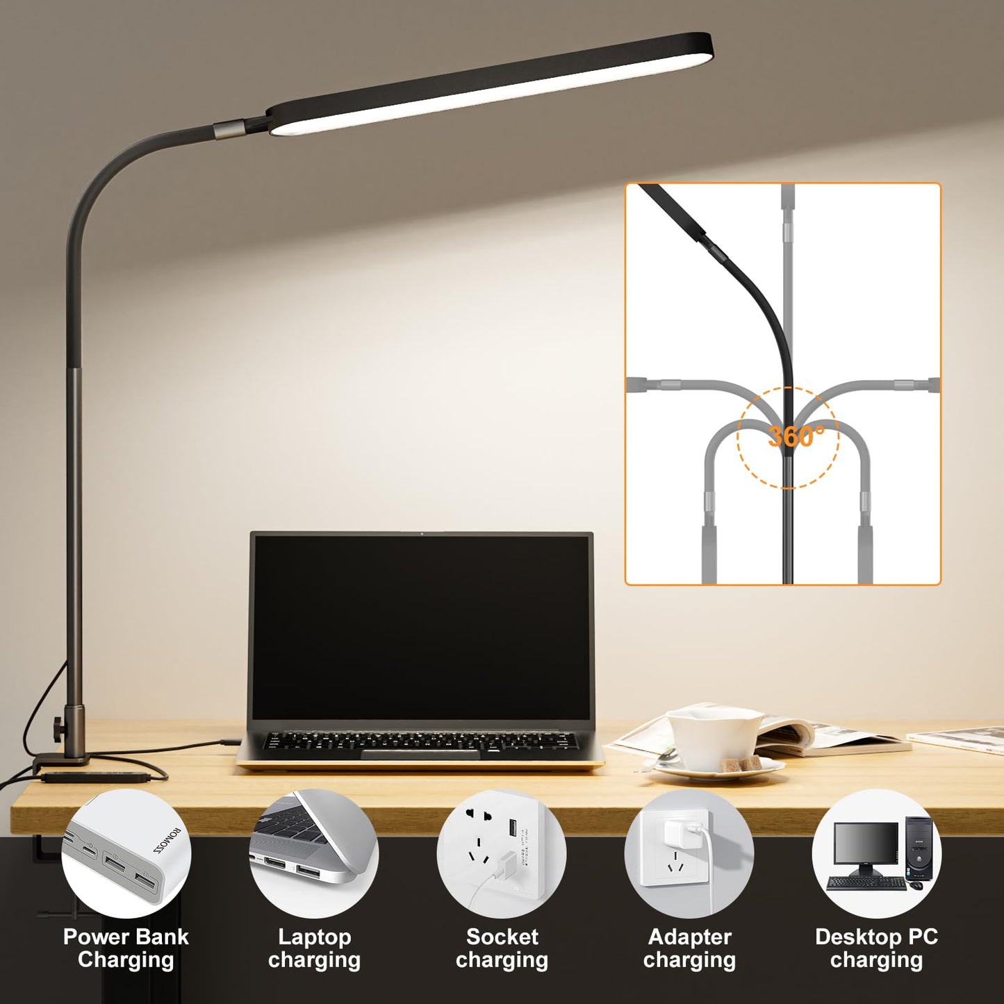 SKYLEO LED Desk Lamp - 85cm Desk Light - Touch Control - 5 Color Modes X 11 Brightness Levels - 1300LM(112 Pcs Lamp Beads) - Timmer & Memory Function - 12W Clip on Light - Black 85cm with Clamp