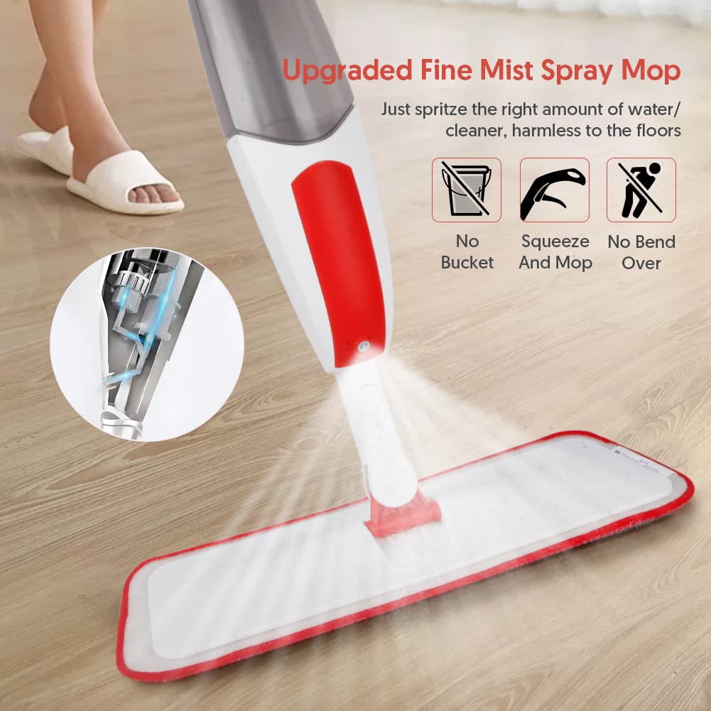 TRAV-ROUND Spray Mops for Cleaning Floors with 3pcs Washable Pads, Spray Floor Mop with 550ML Refillable Bottle Dry Wet Microfibre Flat Mop for Kitchen Wooden Hardwood Laminate Ceramic Tile B - Red Spray Mop(3 Pads+1 Bottles)