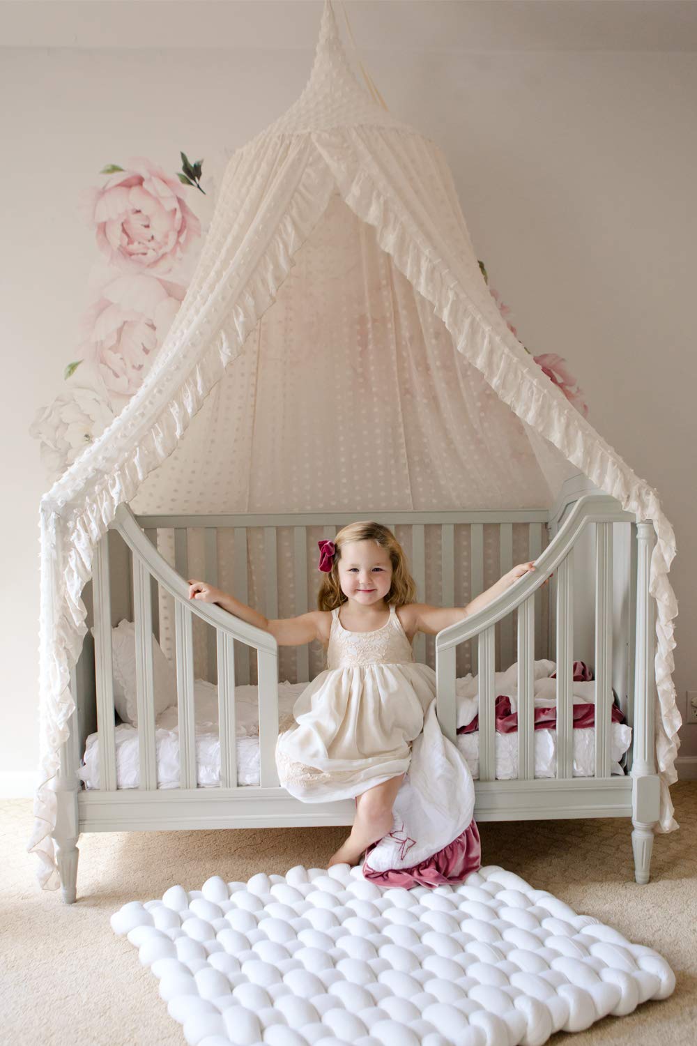 Wonder Space Elegant Kids Bed Canopy - Lace Chiffon Netting with Pom Pom, Princess Girls Fairy Dream Tent, Nursery Room Baby Crib Hanging Curtain Mosquito Net Children Reading Nook Decoration (Beige) Beige