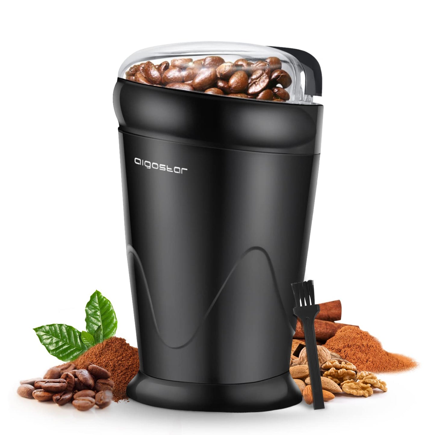 Aigostar Electric Coffee Grinder, Stainless Steel Blade, 150W, 60g Capacity, Cord Storage, Portable & Compact for Coffee Beans, Spice, Nuts, Seeds, Herbs, Black - Breath 30KYI.