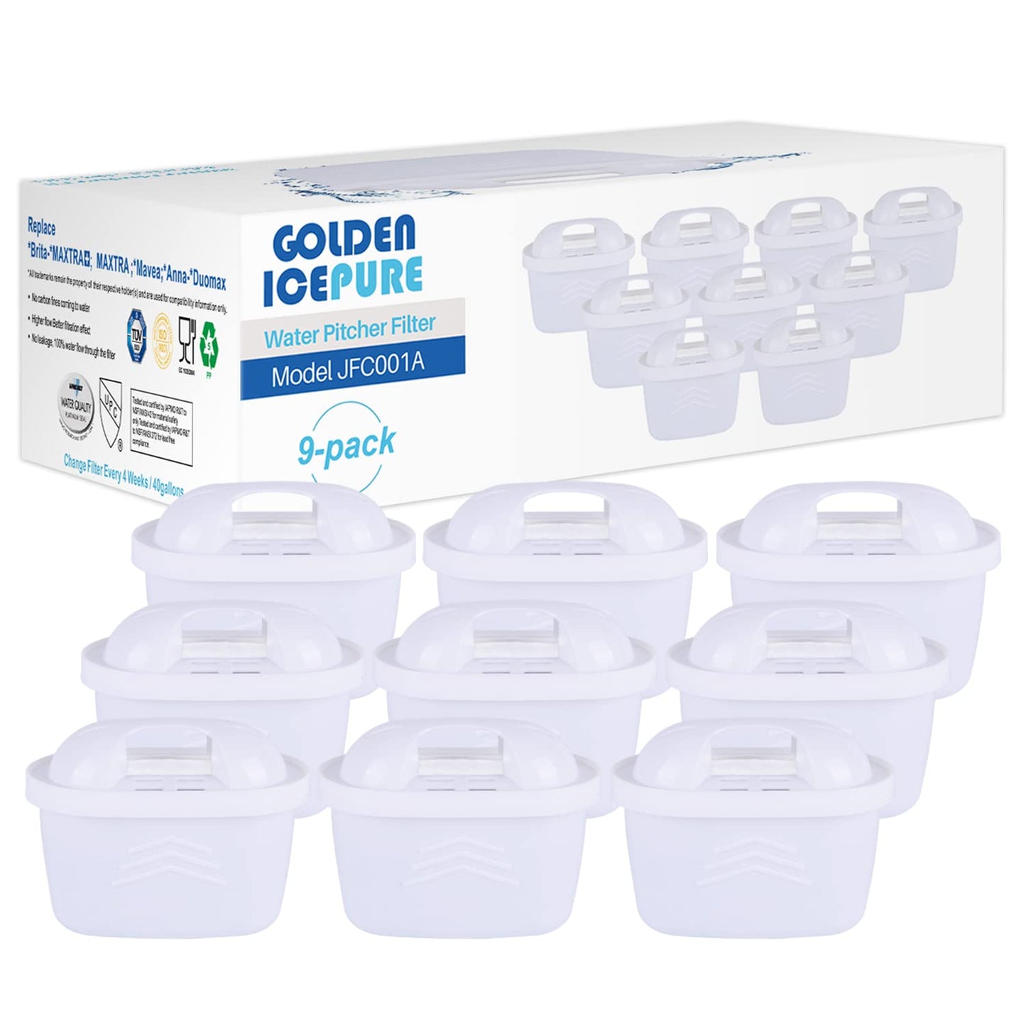 GOLDEN ICEPURE TÜV SÜD Certified Water Filter Replacement for Brita Maxtra+, Maxtra Plus, Mavea, Anna Duomax Pack of 9