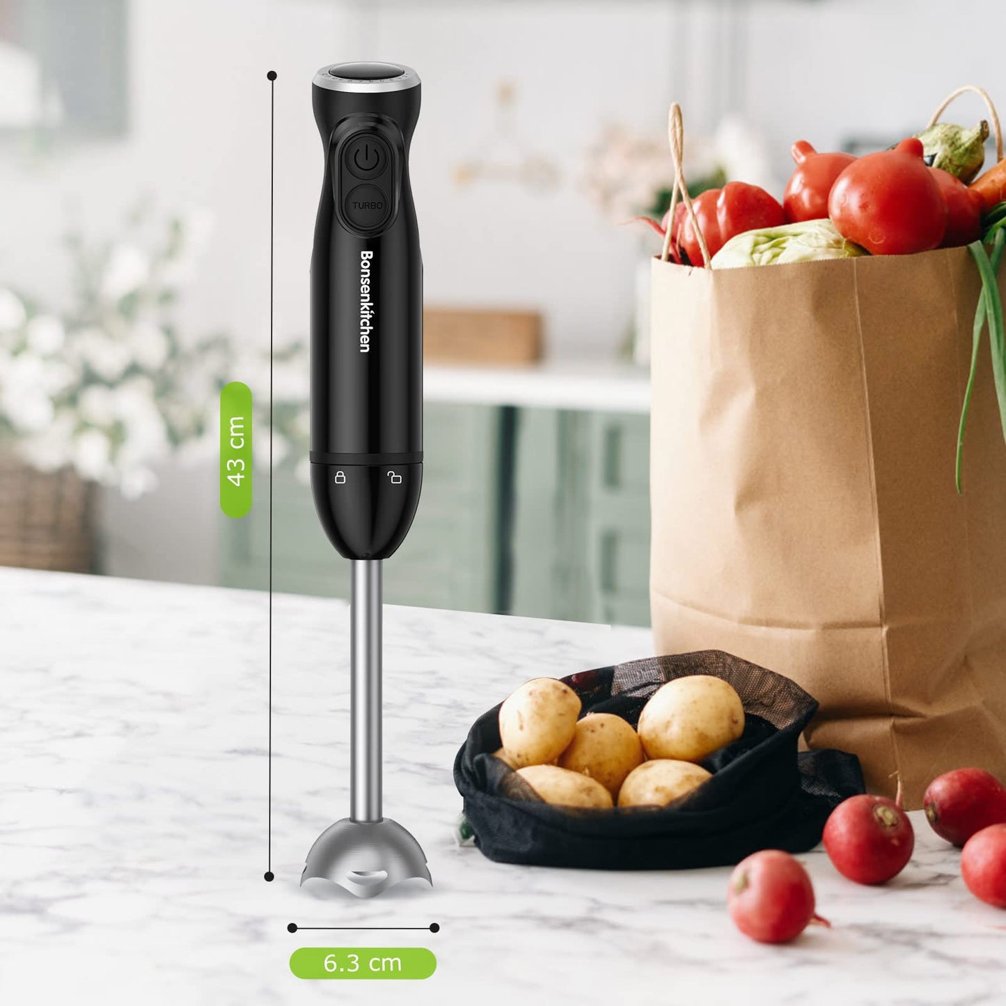 Bonsenkitchen Hand Blender, Immersion Blender Handheld, Stick Blender Electric with Stainless Steel Blade for Making Baby Food, Soups, Sauce, HB3201 (Black) Single