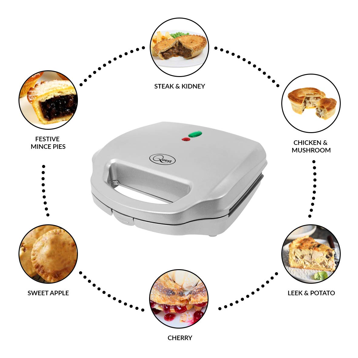 Quest 35970 Double Deep Fill Pie Maker/Features Built-In Crimping Edge & Separate Pastry Cutter/Makes Pies 9cm Diameter/Non-Stick Plates / 700W