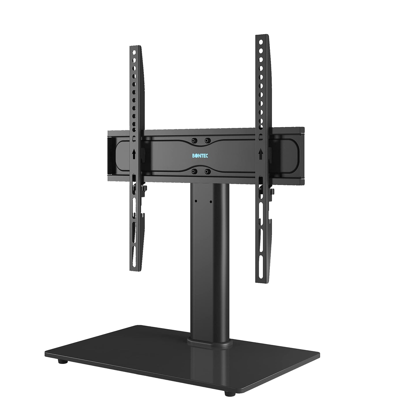 BONTEC Universal Table Top Pedestal TV Stand with Bracket for 26”-55” LCD/LED/Plasma TVs-Height Adjustable stand with 8mm Tempered Glass Base & Cable Management-Holds 40 KG & Max.VESA 400x400mm Black