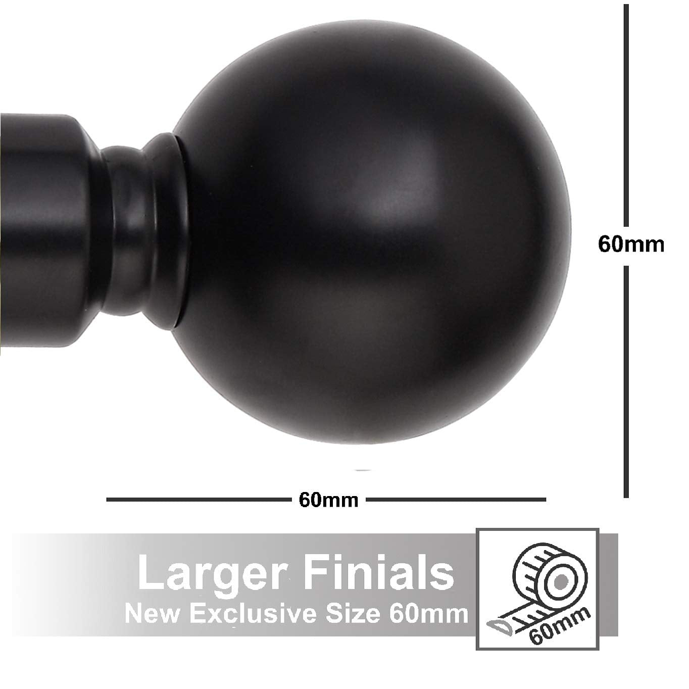 Plain Metal Ball Extendable Curtain Pole. Includes Pair Of Superior 60mm Size Finials, Rings, Brackets & Fittings Set. (Mat Black, 120cm - 210cm, 48 inch to 83 Inch) Mat Black