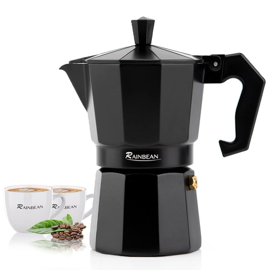 RAINBEAN Moka Pot 6 Cups/300ml, Stovetop Espresso Maker, Aluminium Steam Coffee Percolator Brewing Pot - Includes 2 Ceramic Cups - for Coffee Lovers 6 Cup/300 Ml